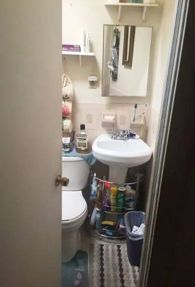 Bathroom before the remodel, pedestal sink